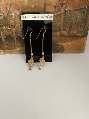Antique Gold  cast Laurel Burch Fish Dangle Earrings